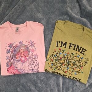 Short Sleeve Tshirt Bundle Pink Santa Graphic Tee and Green 'I'm Fine' Tee